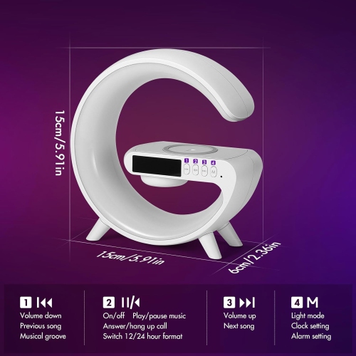 Wireless Charger Atmosphere Lamp, Mini LED Table Lamp, Bluetooth Speaker, Dimmable Night Light Bedside Lamp Alarm Clock with Music for Christmas