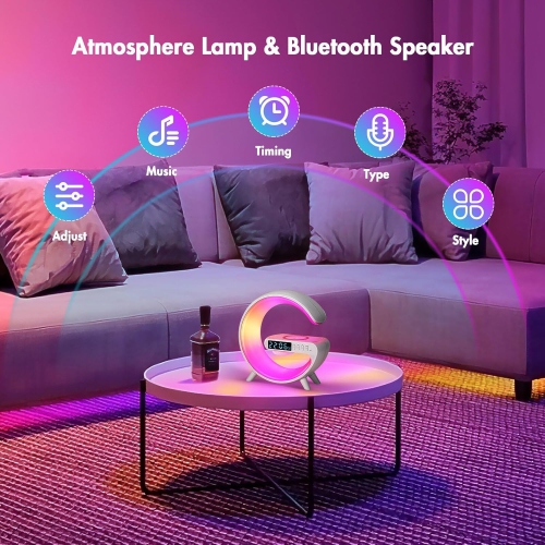 Wireless Charger Atmosphere Lamp, Mini LED Table Lamp, Bluetooth Speaker, Dimmable Night Light Bedside Lamp Alarm Clock with Music for Christmas