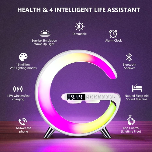 Wireless Charger Atmosphere Lamp, 2025 New Intelligent LED Table Lamp, Bluetooth Speaker, Dimmable Night Light Bedside Lamp Alarm Clock with Music