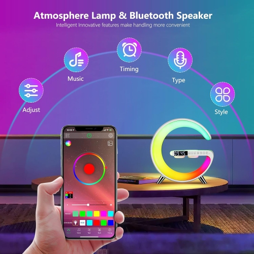 Wireless Charger Atmosphere Lamp, 2025 New Intelligent LED Table Lamp, Bluetooth Speaker, Dimmable Night Light Bedside Lamp Alarm Clock with Music