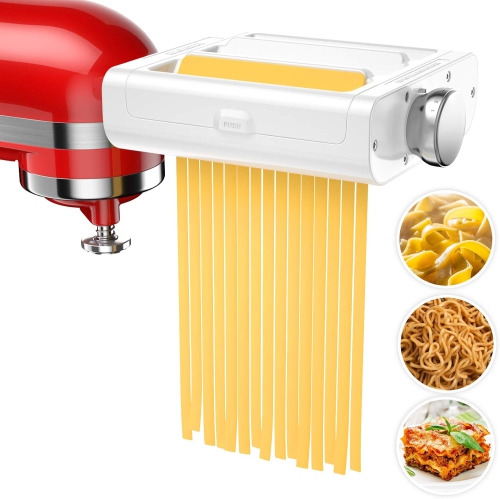 Accessoire de machine à pâtes 3-en-1 de RETHONE pour batteurs sur socle de KitchenAid – rouleau à pâtes, coupe-spaghettis, coupe-fettuccine