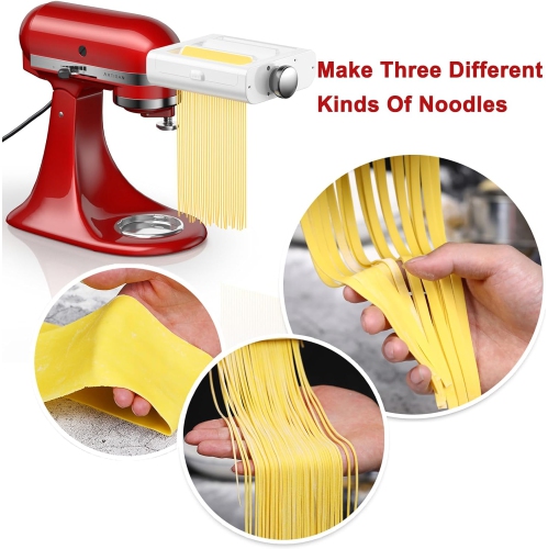 Accessoire de machine à pâtes 3-en-1 de RETHONE pour batteurs sur socle de KitchenAid – rouleau à pâtes, coupe-spaghettis, coupe-fettuccine