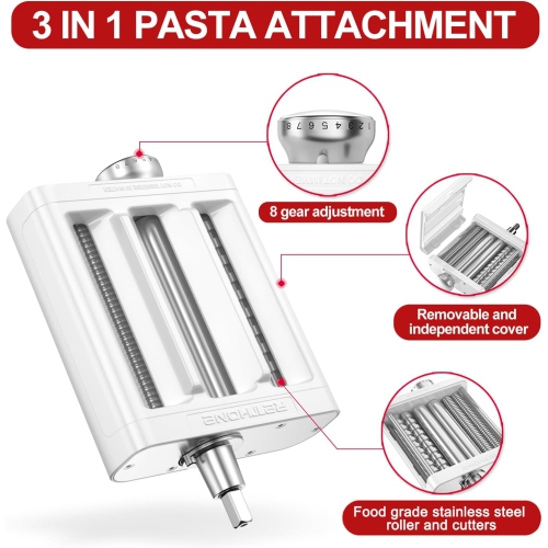 Accessoire de machine à pâtes 3-en-1 de RETHONE pour batteurs sur socle de KitchenAid – rouleau à pâtes, coupe-spaghettis, coupe-fettuccine