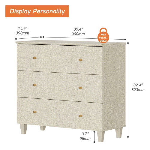 WAMPAT Dresser for Bedroom with 3 Drawers, 35.4" Wide Storage Organizer Chest of Drawers, Modern Wood Closet Chests Organizer Kid Dresser for Living