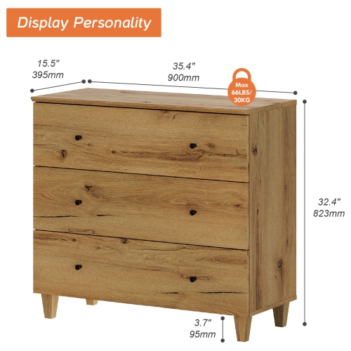 WAMPAT Dresser for Bedroom with 3 Drawers, 35.4" Wide Storage Organizer Chest of Drawers, Modern Wood Closet Chests Organizer Kid Dresser for Living