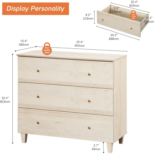 WAMPAT Dresser for Bedroom with 3 Drawers, 35.4" Wide Storage Organizer Chest of Drawers, Modern Wood Closet Chests Organizer Kid Dresser for Living