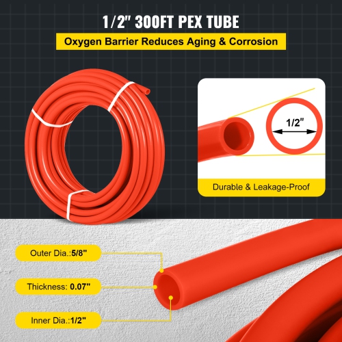 VEVOR 1/2 Inch Oxygen Barrier 300 Feet Tube Coil EVOH PEX-B Pipe, for Residential Commercial Radiant Floor Heating, Red