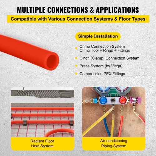 VEVOR 1/2 Inch Oxygen Barrier 300 Feet Tube Coil EVOH PEX-B Pipe, for Residential Commercial Radiant Floor Heating, Red