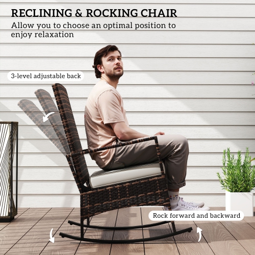 Ensemble bistro berçant Outsunny, 3 pièces, chaise berçante inclinable à 3 niveaux et table bistro en verre, blanc