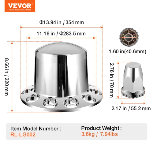 VEVOR Rear Axle Wheel Covers, Dome Axle Cover for Semi Truck, ABS Electroplate Rust-Resistant Lug Nut Covers, Universal Fit, Installation Tool