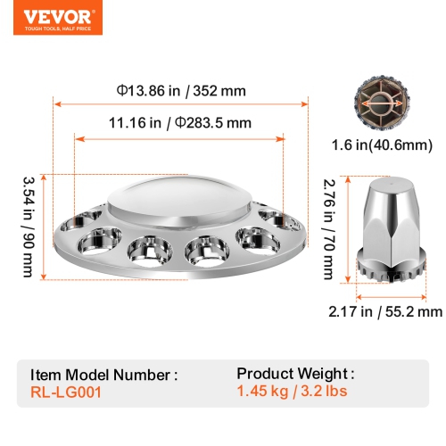 VEVOR Front Axle Wheel Covers, Dome Axle Cover for Semi Truck, ABS Electroplate Rust-Resistant Lug Nut Covers, Universal Fit, Installation Tool