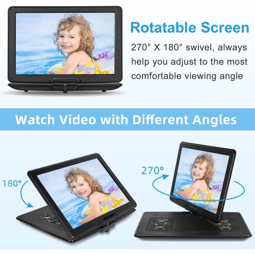 17.9" Portable DVD Players with Large Screen,15.6" Swivel HD Screen DVD Player with Dual Speaker,Portable DVD Player,Last Memory,Support USB/SD