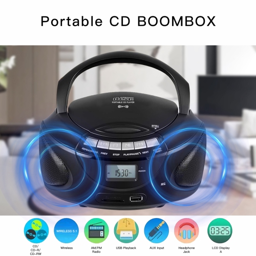 Portable CD Player for Home,CD Boombox with AM/FM Stereo Radio, Bluetooth,USB,Headphone Jack,LCD Display,Boom Box CD Player