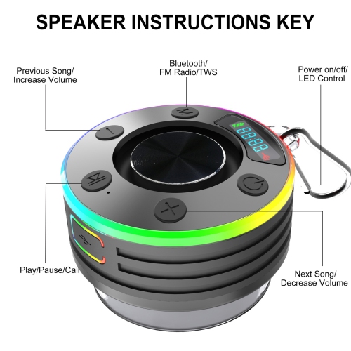 Bluetooth Shower Speaker,Mini Shower Speaker with Suction Cup,Shower Radio Wireless with RGB Light,FM Radio,Waterproof Bluetooth Speaker for Kayak