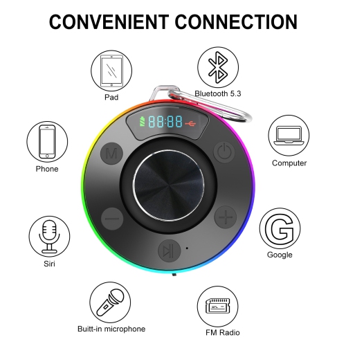 Bluetooth Shower Speaker,Mini Shower Speaker with Suction Cup,Shower Radio Wireless with RGB Light,FM Radio,Waterproof Bluetooth Speaker for Kayak