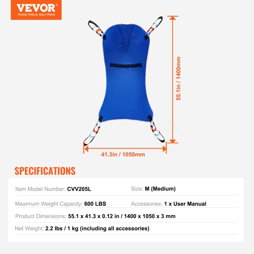 VEVOR 600LBS Capacity Universal Full Body Patient Lift Sling - Medium, Patient Lift Medical Sling for Easy Transfer, Polyester Patient Aid Transfer