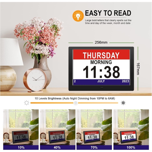 Horloge avec calendrier, horloge numérique avec date, grande horloge LCD de 10&nbsp;po, alarme jour et heure, horloge calendrier pour perte de