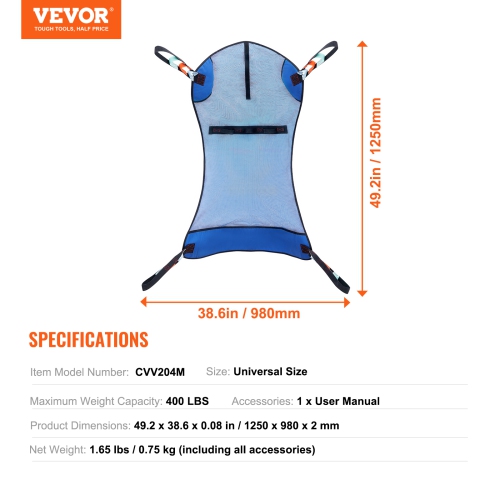 VEVOR 400LBS Capacity Full Body Patient Lift Sling, Patient Lift Medical Sling for Easy Transfer and Bathing, Polyester Patient Aid Transfer Sling