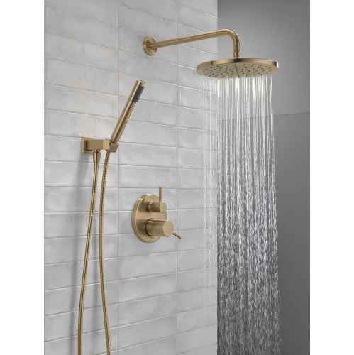 Delta Faucet Modern Raincan 2-Setting Round Shower System Including Rain Shower Head and Handheld Spray Gold