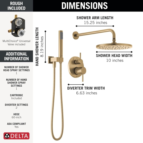 Delta Faucet Modern Raincan 2-Setting Round Shower System Including Rain Shower Head and Handheld Spray Gold