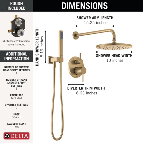 Delta Faucet Modern Raincan 2-Setting Round Shower System Including Rain Shower Head and Handheld Spray Gold