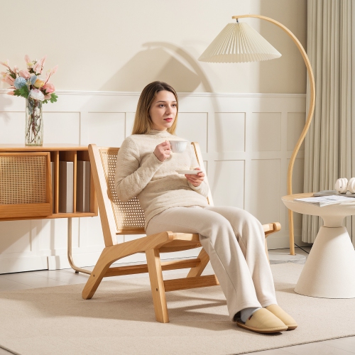 HOMCOM Rattan Accent Chair, Mid-Century Modern Chair with Rubber Wood Frame, for Bedroom Living Room, Natural