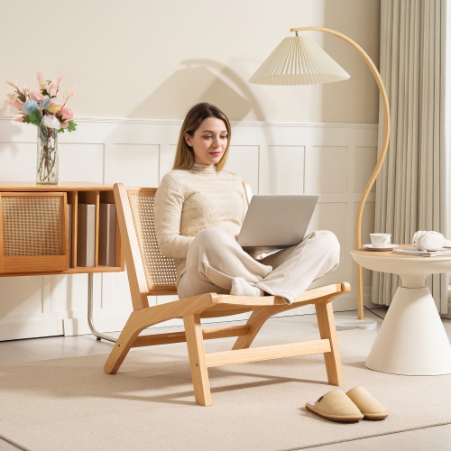 HOMCOM Rattan Accent Chair, Mid-Century Modern Chair with Rubber Wood Frame, for Bedroom Living Room, Natural