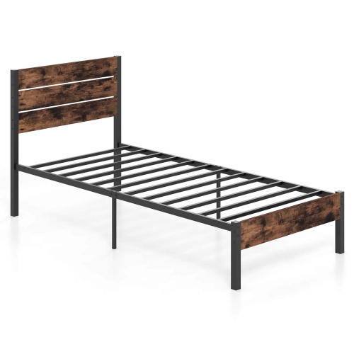 Costway Twin/Full/Queen/King Bed Frame with Tall Industrial Headboard Heavy-Duty Metal Slats Support Brown
