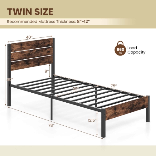 Costway Twin/Full/Queen/King Bed Frame with Tall Industrial Headboard Heavy-Duty Metal Slats Support Brown