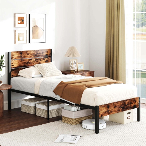 Costway Twin/Full/Queen/King Bed Frame with Tall Industrial Headboard Heavy-Duty Metal Slats Support Brown