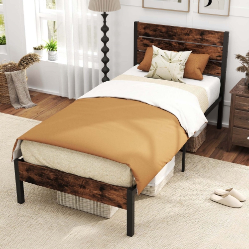 Costway Twin/Full/Queen/King Bed Frame with Tall Industrial Headboard Heavy-Duty Metal Slats Support Brown