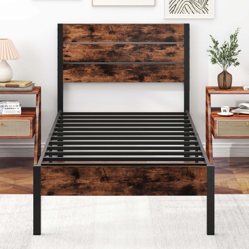 Costway Twin/Full/Queen/King Bed Frame with Tall Industrial Headboard Heavy-Duty Metal Slats Support Brown