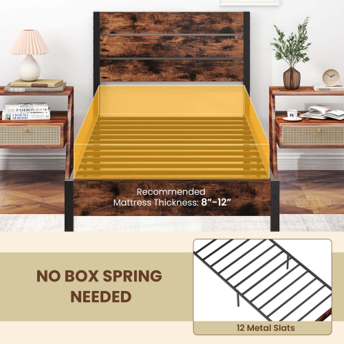 Costway Twin/Full/Queen/King Bed Frame with Tall Industrial Headboard Heavy-Duty Metal Slats Support Brown