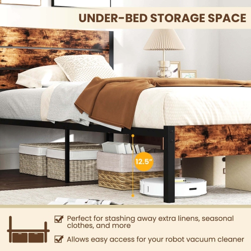 Costway Twin/Full/Queen/King Bed Frame with Tall Industrial Headboard Heavy-Duty Metal Slats Support Brown