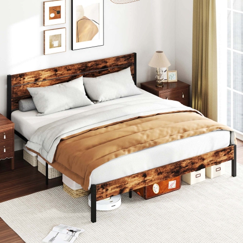 Cadre de lit simple/double/grand lit/très grand lit avec grande tête de lit industrielle robuste en métal de Costway, brun