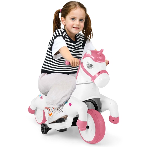 Licorne jouet porteur pour enfants 12&nbsp;V de Costway avec roues d'entraînement musique; Cheval jouet démarrage à un bouton rouge/bleu/rose