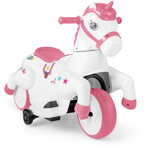 Licorne jouet porteur pour enfants 12&nbsp;V de Costway avec roues d'entraînement musique; Cheval jouet démarrage à un bouton rouge/bleu/rose