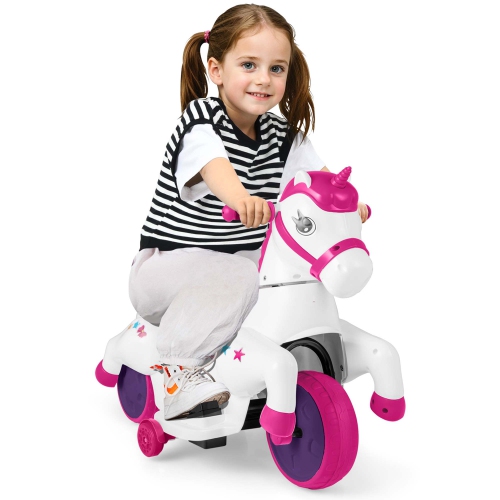 Licorne jouet porteur pour enfants 12&nbsp;V de Costway avec roues d'entraînement musique; Cheval jouet démarrage à un bouton rouge/bleu/rose