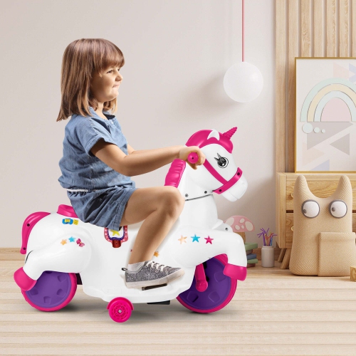 Licorne jouet porteur pour enfants 12&nbsp;V de Costway avec roues d'entraînement musique; Cheval jouet démarrage à un bouton rouge/bleu/rose