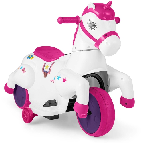 Licorne jouet porteur pour enfants 12&nbsp;V de Costway avec roues d'entraînement musique; Cheval jouet démarrage à un bouton rouge/bleu/rose