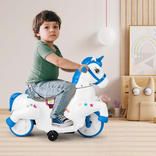 Licorne jouet porteur pour enfants 12&nbsp;V de Costway avec roues d'entraînement musique; Cheval jouet démarrage à un bouton rouge/bleu/rose
