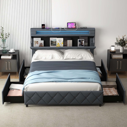 Costway Full/Queen Size Bed Frame with Led Lights & Charging Station & Modern Upholstered Bed