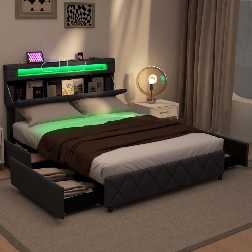 Costway Full/Queen Size Bed Frame with Led Lights & Charging Station & Modern Upholstered Bed