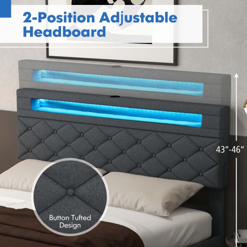 Costway Full/Queen Size Bed Frame with Led Lights & Charging Station & Modern Upholstered Bed