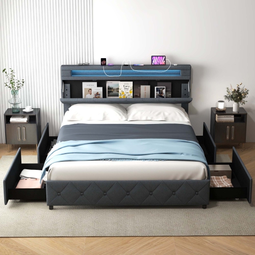 Costway Full/Queen Size Bed Frame with Led Lights & Charging Station & Modern Upholstered Bed