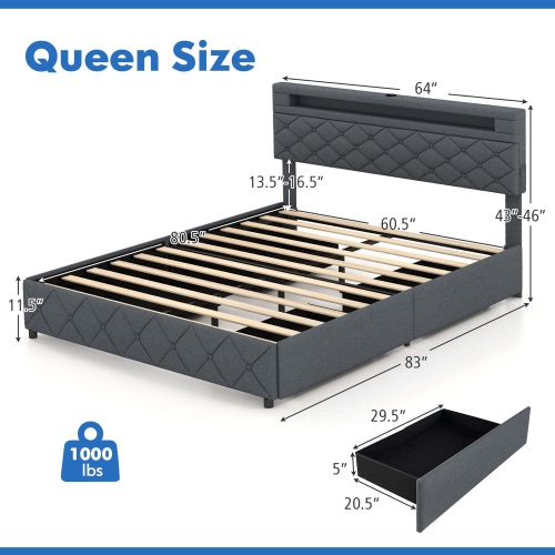 Costway Full/Queen Size Bed Frame with Led Lights & Charging Station & Modern Upholstered Bed