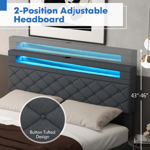 Costway Full/Queen Size Bed Frame with Led Lights & Charging Station & Modern Upholstered Bed