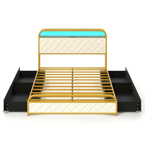 Cadre de lit simple/double/grand lit avec éclairage LED, tête de lit/rangement et tiroirs Costway doré