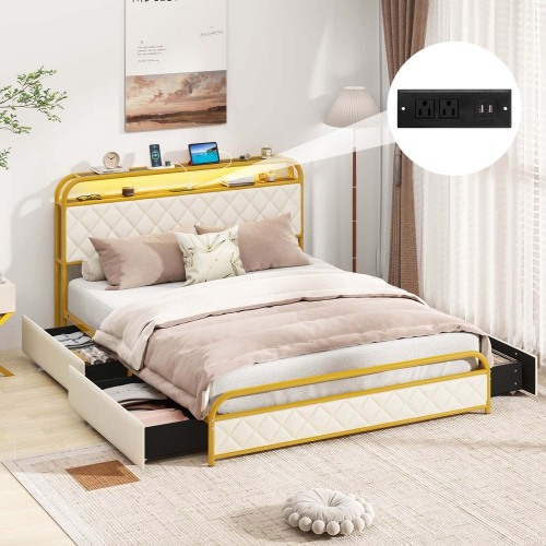 Cadre de lit simple/double/grand lit avec éclairage LED, tête de lit/rangement et tiroirs Costway doré