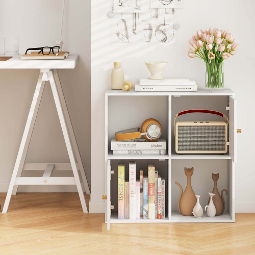 Costway 4-Cube Bookcase with Dual Anti-Tipping Kits & 2 Cabinets Storage Organizer White/Natural